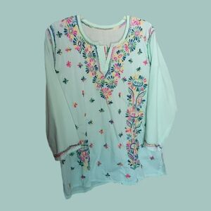 Light Green Long Sleeve Floral Embroidered Cotton Tunic Top Handmade In India